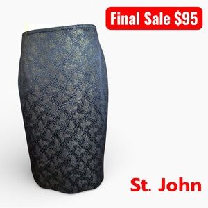 St. John Black Gold Metallic Jacquard Pencil Skirt SZ:8 Elegant sillk Lined